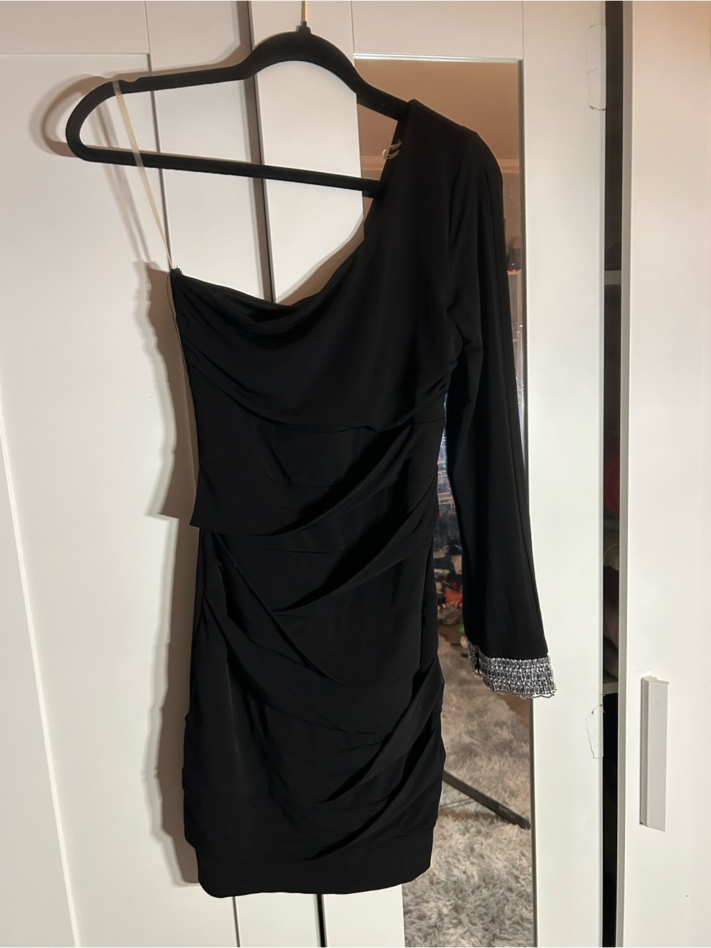 Windsor Black One-Shoulder Ruched Dress with Beaded Cuff